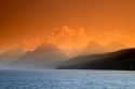 Hazy view of Lake McDonald in Glacier National Park, Montana, USA.