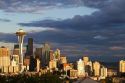 Seattle city scape at sunset with Space Needle, Washington, USA.