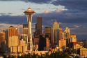 Seattle city scape at sunset with Space Needle, Washington, USA.