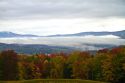 Fall foliage on a misty moring near Stowe, Vermont, USA.