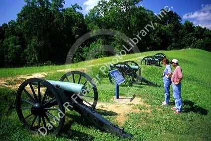Tourists look at cannons at Vicksburg Battle Field in Mississippi.