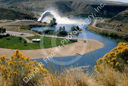 Water being let out of Lucky Peak Dam creates a rooster tail near Boise, Idaho.