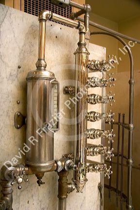 Fordyce historic bath house interior showing water valves in Hot Springs, Arkansas.

historic, historic buildings, historic town, bath house, bathhouse, hot springs, arkansas, hot springs national park, fordyce, headquarters, valves, water valves, plumbing
