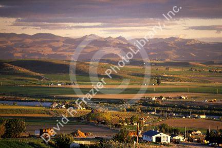 Rural farm view along the Snake River and Owyhee Mountains in Southwest Idaho.