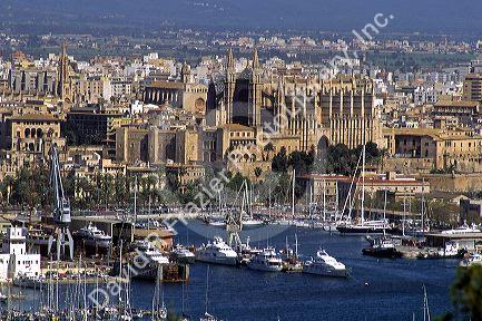Cathedral and overview of Palma de Majorca, Spain.