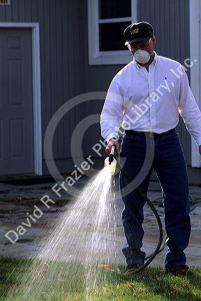 A man applying a chemical lawn treatment. MR