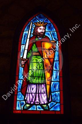 Stained glass window at glassworks in Algaida, Spain.