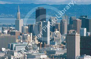 Downtown San Francisco, California.  City Hall dome in center in this view from twin peaks. 