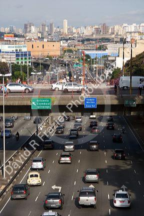 Busy traffic and overpass in Sao Paulo, Brazil.
