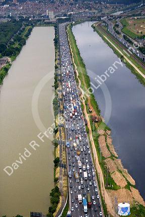 Aerial view of traffic on a highway in Sao Paulo, Brazil.