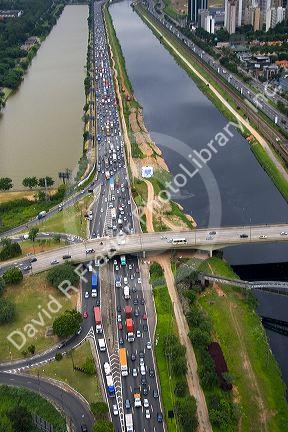 Aerial view of traffic on a highway and overpass in Sao Paulo, Brazil.