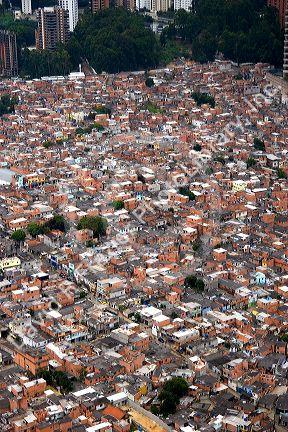 Aerial view of crowded favela housing in Sao Paulo, Brazil.