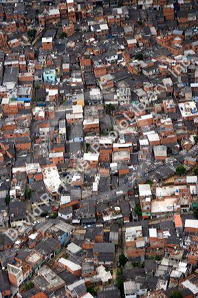 Aerial view of crowded favela housing in Sao Paulo, Brazil.