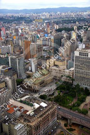 Aerial view of Sao Paulo and the Teatro Municipal, Brazil.