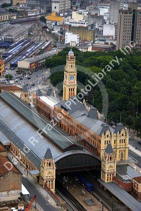 Aerial view of a clock tower on Estacion Luz train station in Sao Paulo, Brazil.