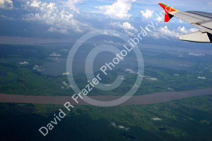 An aerial view from an airliner of the Amazon River near Manaus, Brazil.