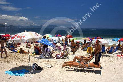 Beach scene at the Copacabana Beach in Rio de Janeiro, Brazil.