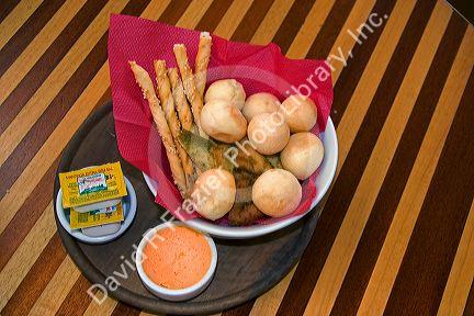 Bread basket at a restaurant in Sao Paulo, Brazil.