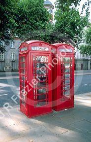 Red telephone booths in London, England.