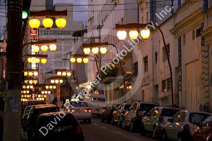 Street lights at night in the Liberdade asian section of Sao Paulo, Brazil.