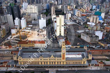 Aerial view of the old train station, Estacion Luz in Sao Paulo, Brazil.