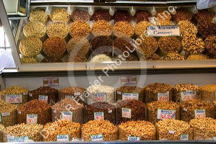 A variety of nuts being sold at the Mercado Municipal in Sao Paulo, Brazil.