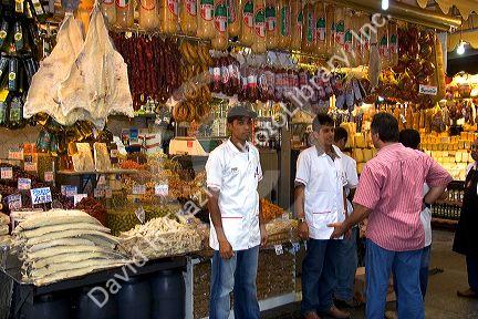 Cured meats, olives and cheese for sale at the Mercado Municipal in Sao Pualo, Brazil.