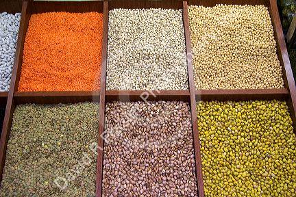 Dried beans, peas, and lentils for sale at the Mercado Municipal in Sao Paulo, Brazil.