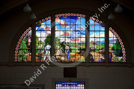 Stained glass window at the Mercado Municipal in Sao Paulo, Brazil.