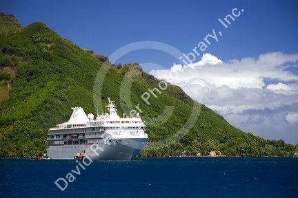 The Paul Gaugin cruise ship anchored in Opunohu Bay on the island of Moorea.