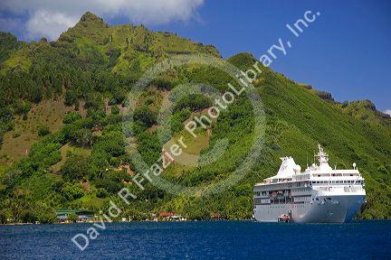 The Paul Gaugin cruise ship anchored in Opunohu Bay on the island of Moorea.