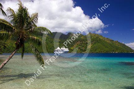 The Paul Gaugin cruise ship anchored at Opunohu Bay on the island of Moorea.
