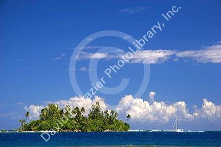 Small island called a Motu and a sailboat off the island of Moorea.