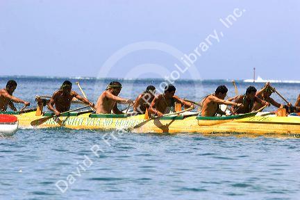 Tahitians take part in an outrigger canoe pirogue race off the island of Moorea.