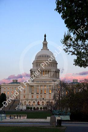 The United States Capitol Building in Washington, D.C. at dusk.