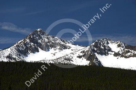 Snowy mountain peaks are a part of the Sawtooth Mountain range in Idaho.