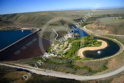 Aerial view of Lucky Peak reservior and hydroelectric dam in Boise, Idaho.
