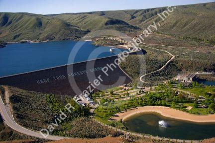 Aerial view of Lucky Peak reservior and hydroelectric dam in Boise, Idaho.
