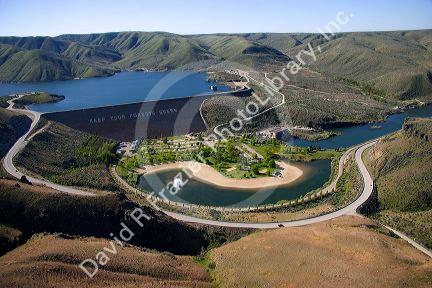 Aerial view of Lucky Peak reservior and hydroelectric dam in Boise, Idaho.
