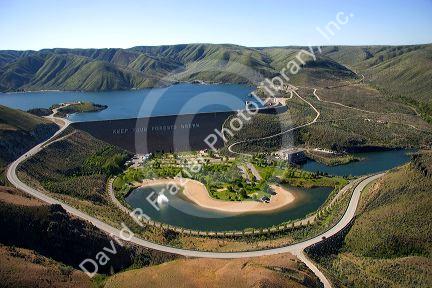 Aerial view of Lucky Peak reservior and hydroelectric dam in Boise, Idaho.