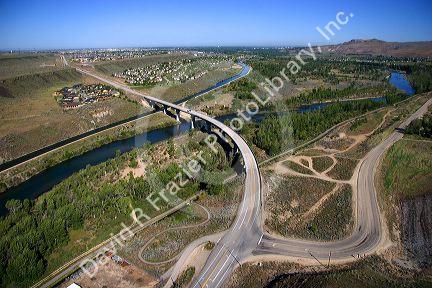 Aerial view of highway 21 bridge crossing the Boise River in Boise, Idaho.