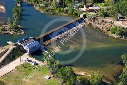 Aerial view of historic Barber Dam on the Boise River in Boise, Idaho.