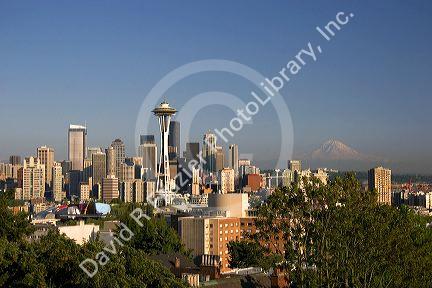 A view of the city of Seattle with Mount Rainier in the background in Washington.