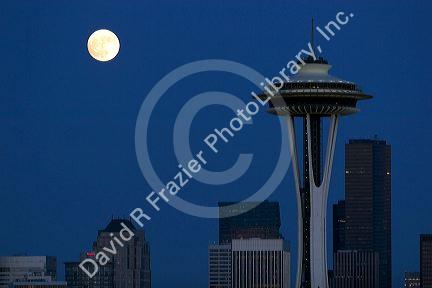 Full moon over the city of Seattle, Washington.
