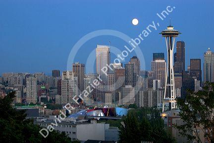 A full moon over the city of Seattle, Washington.