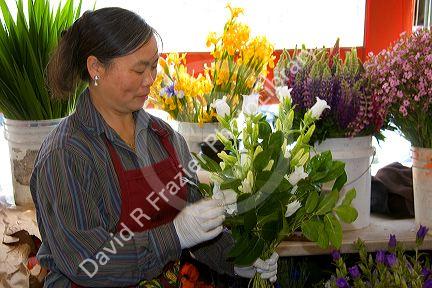 A florist arranging flowers at the Pike Place Market in Seattle, Washington.