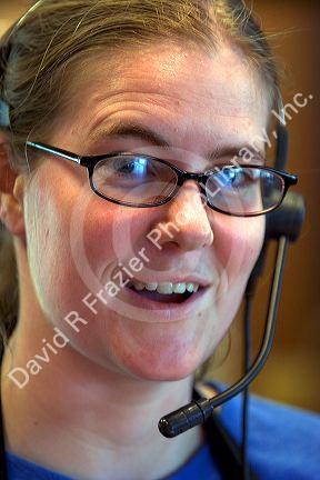 Portrait of a girl wearing a headset at work in a coffee shop, Boise, Idaho.