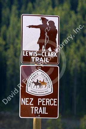 Road sign showing the Lewis and Clark Trail and the Nez Perce Trail in Idaho.