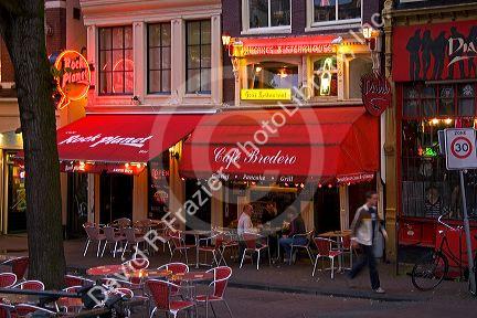 Exteriors of restaurants and cafes in Amsterdam, Netherlands.