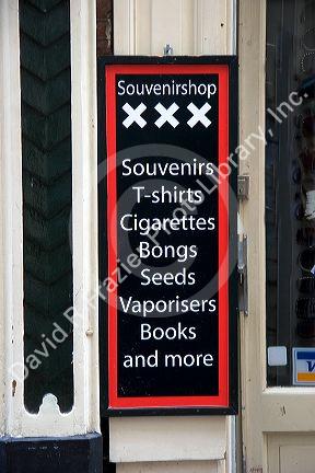 A business sign advertising the sale of marijuana accessories in Amsterdam, Netherlands.